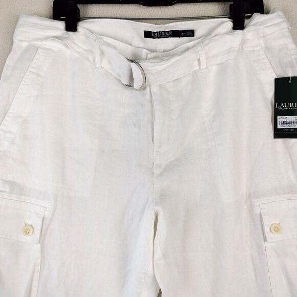 Lauren Ralph Lauren Linen Pants Women Size 14P White Cargo Belted Boho Beach NWT - Picture 3 of 16